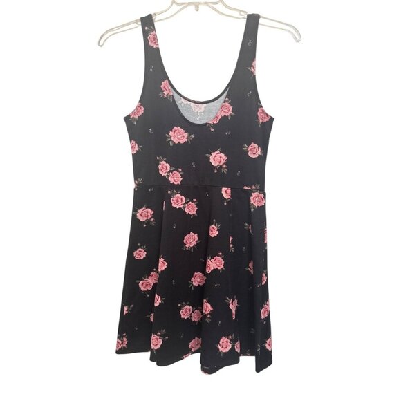 H&M Divided Girls Tank Dress Black & Pink Roses Sleeveless Skater Dress‎ Size S - Picture 3 of 5